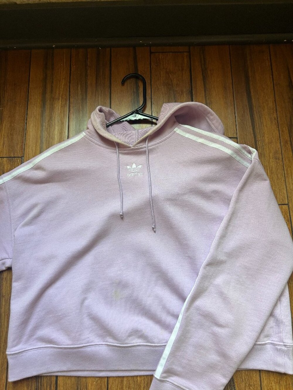 Adidas Lilac Cropped 3-Stripe Hoodie | Sporty Spring Athleisure Pullover | M